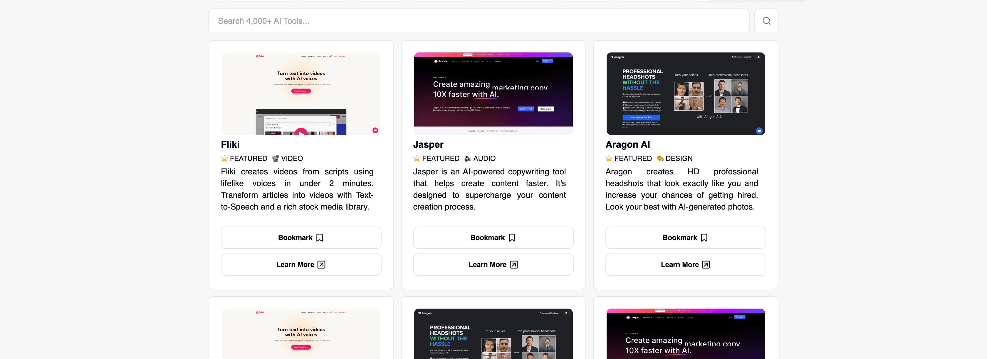 AI Directory in a browser: a row of category filters above a search field, cards for individual tools with bookmark buttons, and an open account menu.