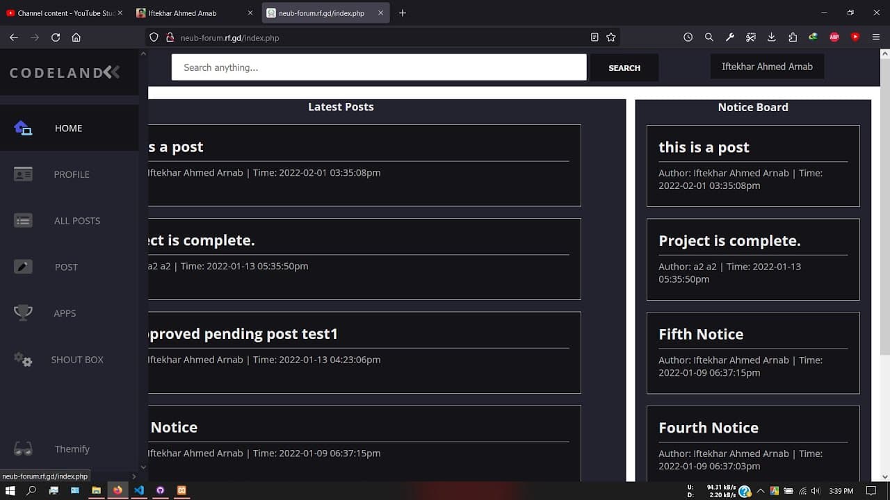 The CodeLand forum in dark theme: sidebar links for profile, posts and a shout box, a latest-posts column, and a notice board where every entry carries an author and a time.