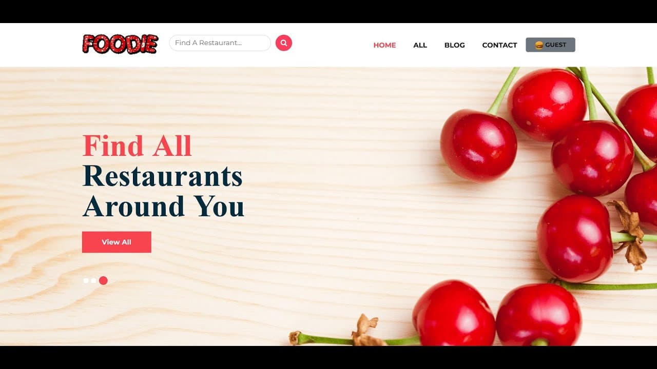 The Foodie home page: a restaurant search field in the header over a banner reading find all restaurants around you.