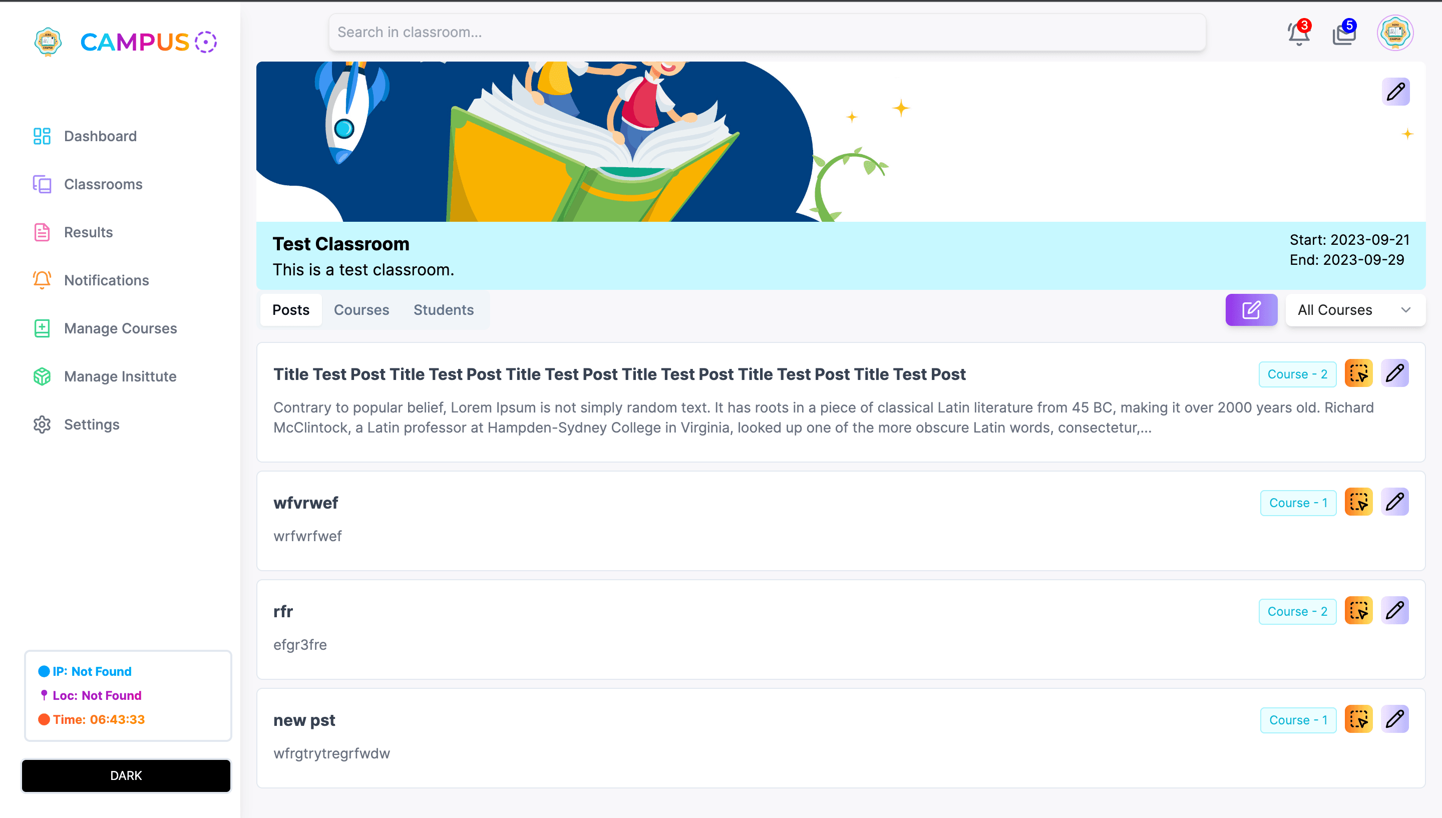 Xero-Campus: a sidebar for dashboard, classrooms, results, notices and course management, beside a classroom's post list and its start and end dates.