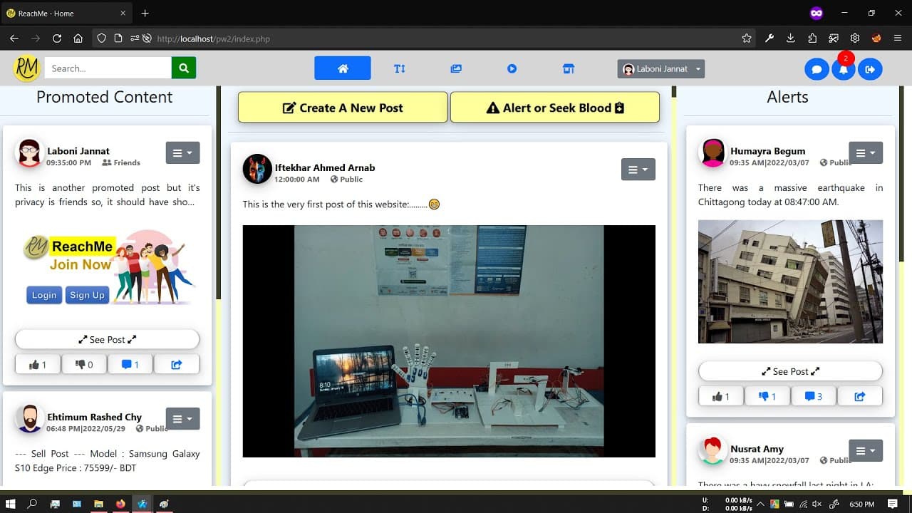 ReachMe running on localhost: a three-column feed with promoted posts on the left, a composer and a photo post in the middle, and an alerts panel on the right.